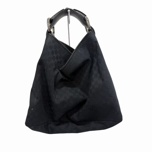 Gucci Large Horsebit Chain Hobo Bag Black GG Canvas Monogram - Picture 2 of 4